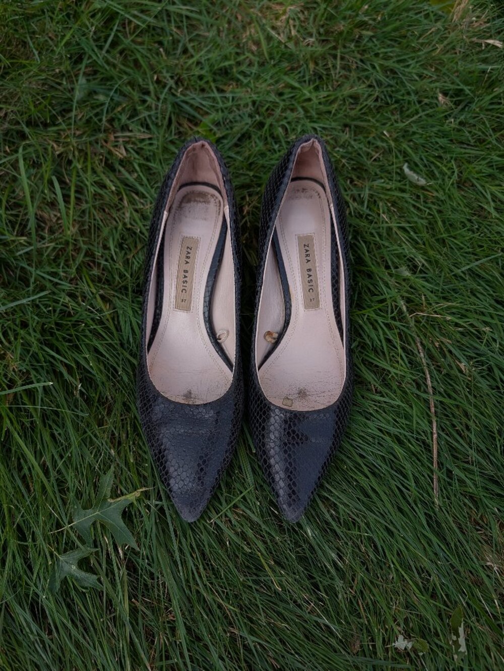 Zara Basic Black Snake Print Pointed Toe Pumps 37